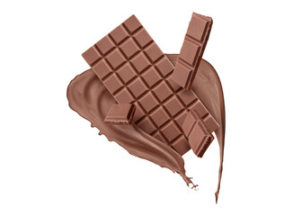 Chocolate pieces and splash of cocoa drink in air on background