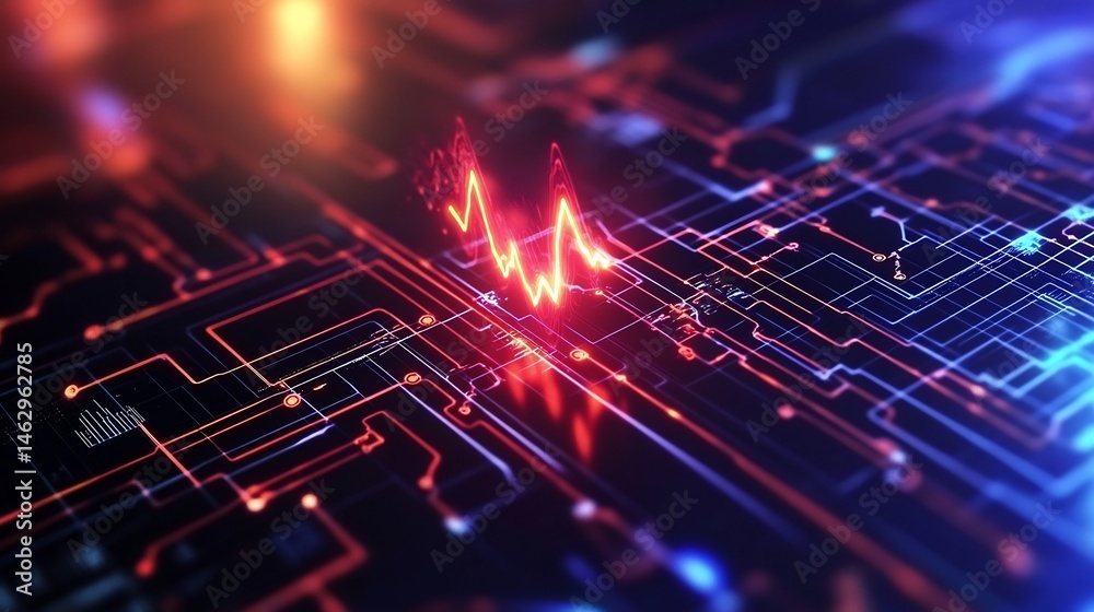 Poster abstract technological network with a pulsating signal and circuit pathways