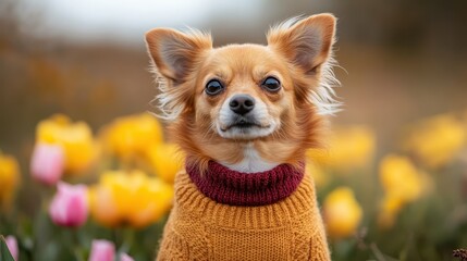 A charming Chihuahua dressed in a warm yellow sweater stands amidst a vibrant field of blooming flowers, showcasing its adorable personality and joyful spirit in nature's beauty.