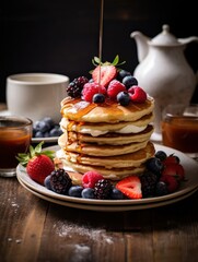 "Fluffy pancakes with syrup and berries on wooden table
