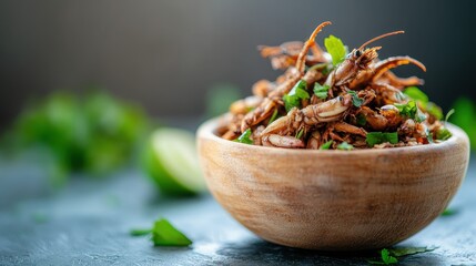 A vibrant bowl of crispy edible insects garnished with fresh herbs, presenting an exotic and nutritious snack option with a slice of lime for added zestiness.