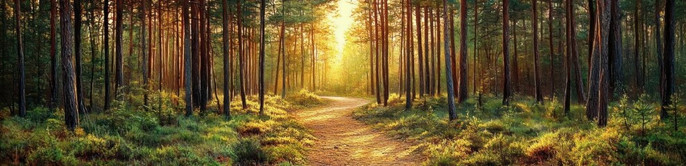 Fototapeta premium Sunlit forest path winding through tall pine trees with green undergrowth bathed in warm golden light creating a peaceful and inviting atmosphere