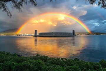 Vibrant full rainbow arching over a calm waterfront with historical monument island under dramatic cloudy sky at sunset