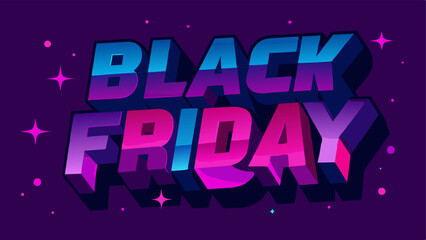 Glowing Letters A large BLACK FRIDAY in vibrant neon blue and pink with animated sparkles around the letters against a deep purple background.
