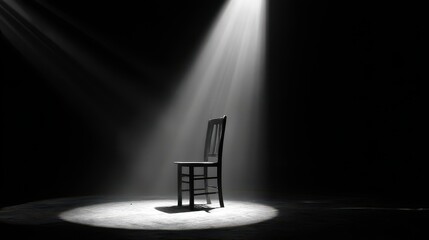 A spotlight shines on an empty chair in the dark room, creating a mysterious atmosphere