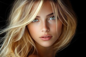 Naklejka premium close-up portrait of a young woman with flowing blonde hair, green eyes, natural makeup, and subtle freckles against a dark background, conveying calm and confidence