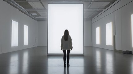 A lone figure stands in an art gallery, captivated by a large, illuminated display, symbolizing inspiration and creativity in a modern setting.
