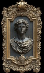 Fototapeta premium Intricately detailed classical bust of a youthful male figure adorned with draped clothing, set within an elaborate ornate golden frame featuring floral and scroll motifs