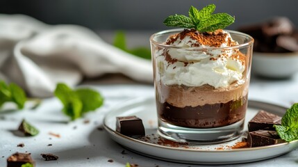 A tantalizing chocolate mousse topped with fresh mint leaves creates an elegant dessert presentation, representing indulgence and culinary delight for chocolate lovers.
