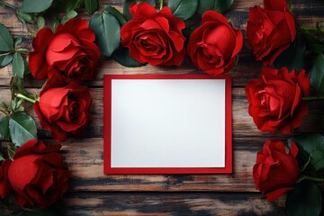 Blank white card framed by red border surrounded by fresh vibrant red roses with green leaves on rustic wooden surface