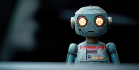 Vintage blue robot figure with glowing round eyes and detailed mechanical body standing against a dark background evoking curiosity and nostalgia