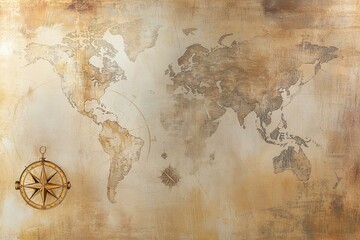 Fototapeta premium Vintage world map with compass rose on textured background for travel and navigation theme, antique aesthetic