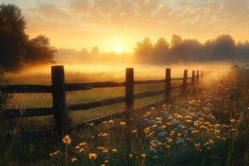 Obraz premium sunrise over misty rural field with wooden fence and yellow wildflowers in foreground surrounded by trees