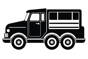 Black and white stylized truck shows unique three rear wheels silhouette