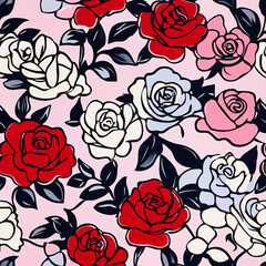 Rose Floral Pattern Design Pink Red White Blue Background Leaves Illustration Colorful Blooming Nature Botanical Texture Print Vintage Stylish Decorative Garden Petals Foliage Elegance