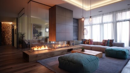 Modern living room with glass wall fireplace and warm textures  
