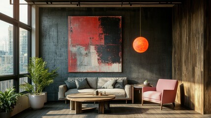 Modern apartment living room with city view, art, and sunlight