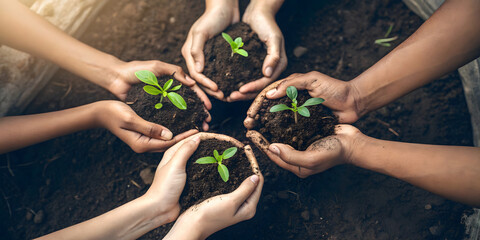 Plant, sustainability and space with hands of business people for teamwork, earth or environment from above. Collaboration, growth and mockup with employees and soil for future, partnership or invest