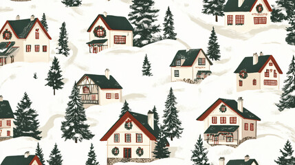 Charming Winter Houses Snow Forest Wallpaper Pattern: Cozy Rural Countryside Decoration Illustration. Serene Rustic Cabin Landscape. Traditional Scenic Holiday Festive Nature Print Design Scenery.