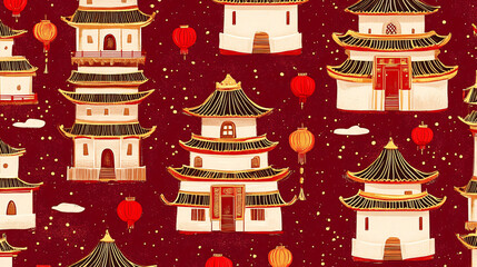 Fototapeta premium Asian Pagoda Architecture Pattern Festive Red Lanterns Traditional Design Vibrant Colors Ethnic Motifs Cityscape Unique Handmade Cultural Art Background Vintage Ornament Textile Graphic 