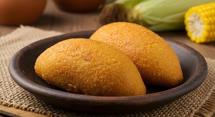 Pamonha on rustic plate with corn husks in the background.