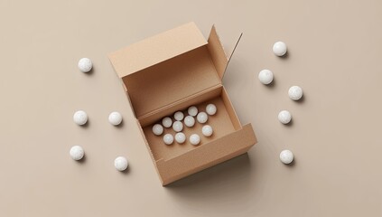 Open cardboard box with white balls