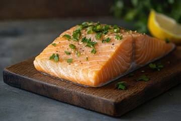 Fresh salmon fillet garnished with herbs on wooden cutting board with lemon slice in dim kitchen setting