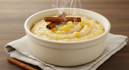 Canjica served in ceramic bowl with cinnamon sticks and cloth napkin.