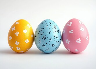 Obraz premium Three colorful decorated eggs with floral and dotted patterns on a white background conveying a festive and cheerful atmosphere