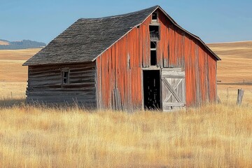 Old weathered red barn with wooden shingles standing alone in a dry golden grass field under clear sky