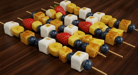 fruit skewers and marshmallows, arranged on a table.