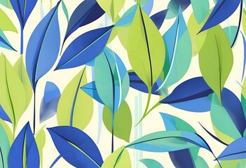 Vibrant Blue and Green Leaves Abstract Botanical Pattern Design for Textile and Wallpaper