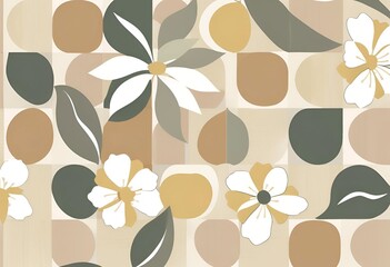 Abstract Beige and Green Floral Pattern Design with Geometric Shapes Background for Textile and Wallpaper