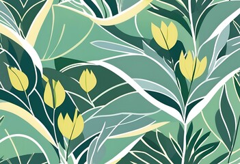 Lush Green Tropical Leaves and Yellow Tulips Botanical Illustration Seamless Pattern Design
