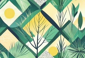 Abstract Geometric Green Nature Pattern with Sun and Plants Stylish Botanical Wall Art Design