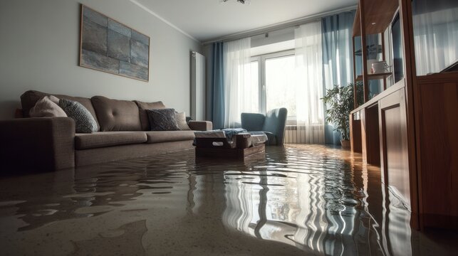 Water covers the floor of a living room filled with furniture. Soft sunlight filters through large windows, illuminating the scene. The room features a couch, a coffee table, and a plant