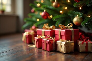 Shimmering gift boxes tied with twine, beneath a lush Christmas tree , sparkling, texture