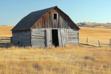 Obraz premium Old weathered wooden barn standing alone in a dry grassy field with rolling hills in the background under a clear blue sky