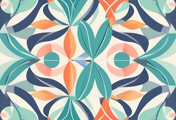 Abstract Floral Pattern Design Teal Orange Pink Background Seamless Repeat Textile Print