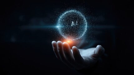 A hand holds a glowing sphere representing artificial intelligence, surrounded by digital particles.