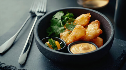 Fototapeta premium Portuguese street food tempura with vegetables and sauces in a black bowl, gourmet culinary delight