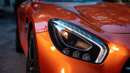 Close-up view of a bright orange sports car highlighting its aerodynamic shape and shiny details. The warm afternoon light adds an appealing glow to the sleek design, emphasizing luxury