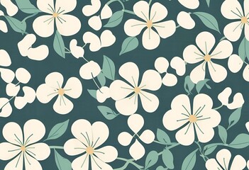 Elegant Teal Floral Pattern Seamless Design White Flowers Botanical Illustration