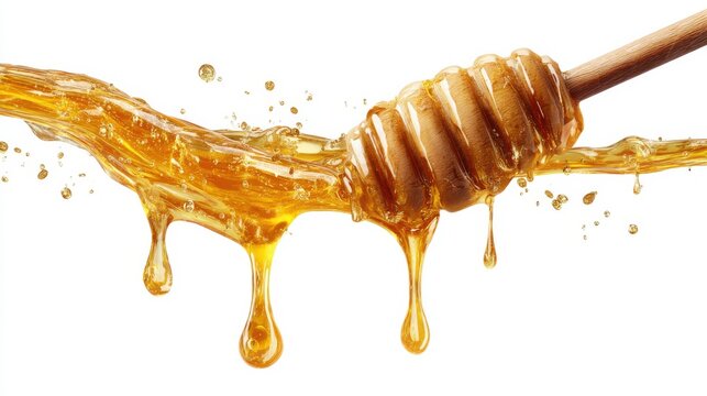 Honey cascades from a wooden dipper, forming droplets that glisten under bright light. The rich amber color adds warmth to the kitchen ambiance, emphasizing its natural sweetness