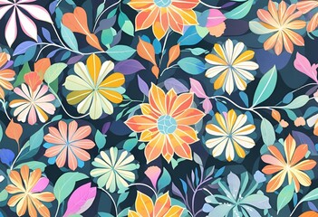 Vibrant Floral Pattern Design with Colorful Flowers and Leaves Seamless Texture Background for Fashion Textile Print