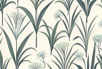 Elegant Seamless Pattern Design Featuring Delicate Teal Green Leaves and White Flowers Botanical Illustration