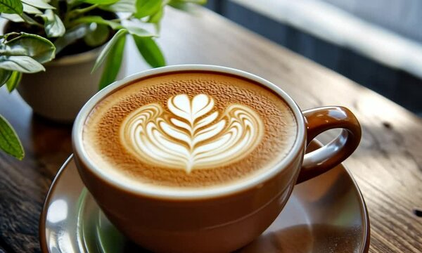 A cozy latte with intricate art served in a warm cup.
