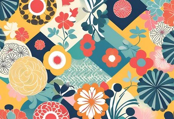 Vibrant Floral Pattern Design Bold Retro Flowers and Geometric Shapes in Yellow and Teal