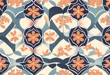 Elegant Floral Pattern Design with Geometric Shapes and Peach Flowers A Seamless Textile or Wallpaper Background