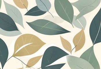 Abstract Autumn Leaves Pattern Design Background Beige Green Gold Tones Botanical Illustration